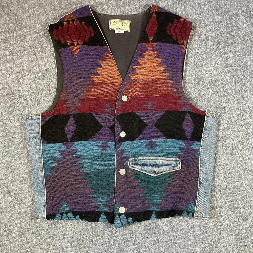 New River Co. Woven Vest Mens M Multicolor Southwestern Denim Back Made in USA